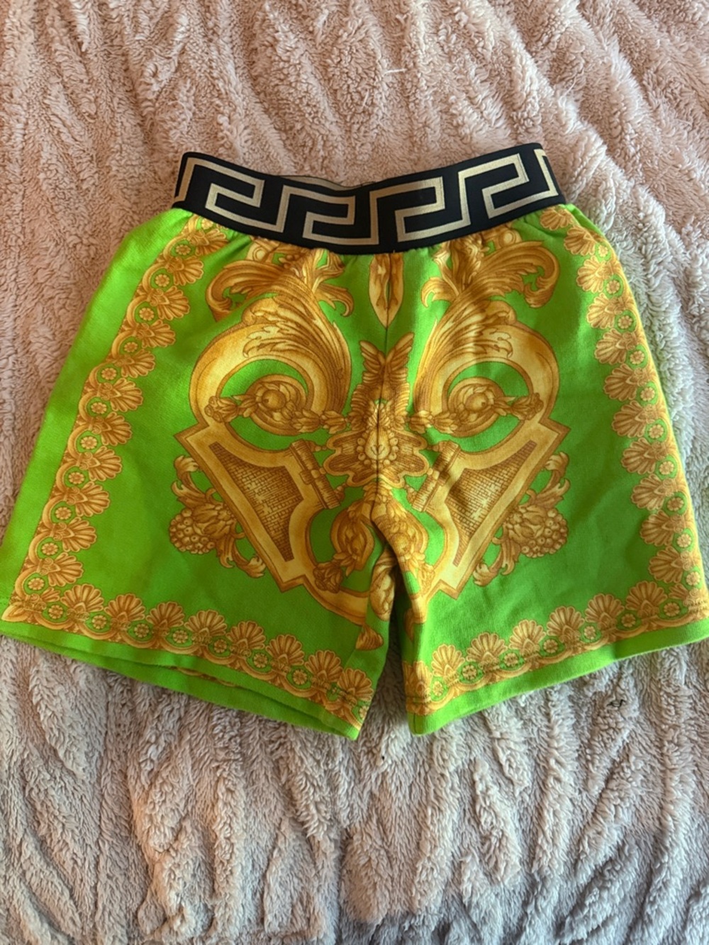 Versace Kids Green and Gold Baroque Print Shorts